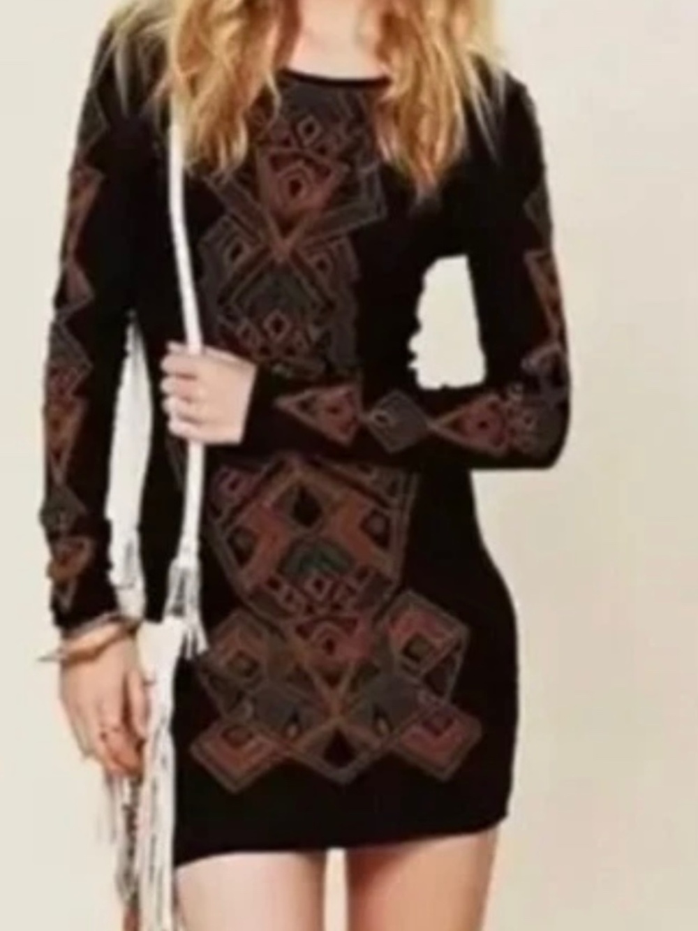 Free People Art Deco geometric Aztec embroidered bodycon long sleeve mini dres S - Picture 2 of 9